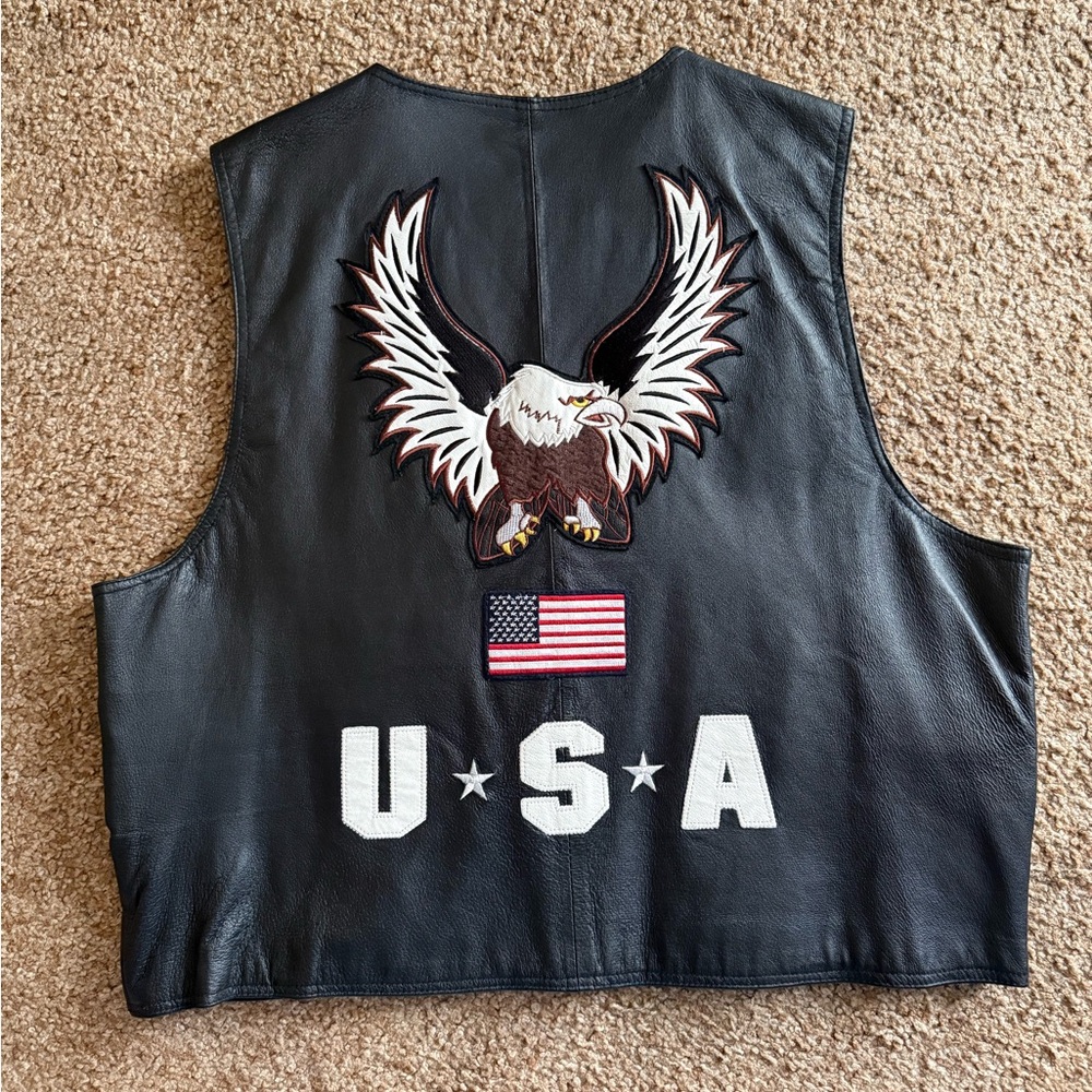 Men’s 2XL Black Leather Motorcycle Vest Custom Eagle USA Flag Biker Snap Front